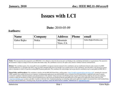Issues with LCI Date: Authors: January, 2010 November 2005
