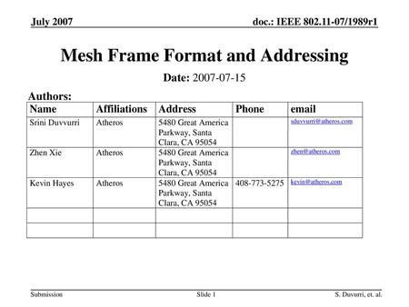 Mesh Frame Format and Addressing