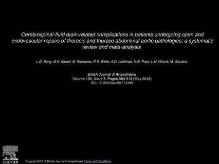 Cerebrospinal-fluid drain-related complications in patients undergoing open and endovascular repairs of thoracic and thoraco-abdominal aortic pathologies: