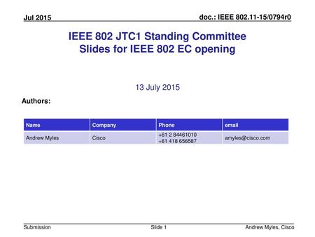 IEEE 802 JTC1 Standing Committee Slides for IEEE 802 EC opening