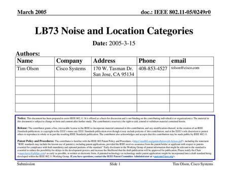 LB73 Noise and Location Categories