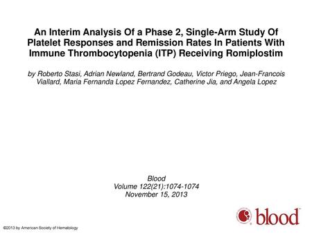 An Interim Analysis Of a Phase 2, Single-Arm Study Of Platelet Responses and Remission Rates In Patients With Immune Thrombocytopenia (ITP) Receiving Romiplostim.