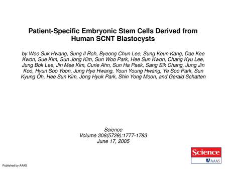 Patient-Specific Embryonic Stem Cells Derived from Human SCNT Blastocysts by Woo Suk Hwang, Sung Il Roh, Byeong Chun Lee, Sung Keun Kang, Dae Kee Kwon,