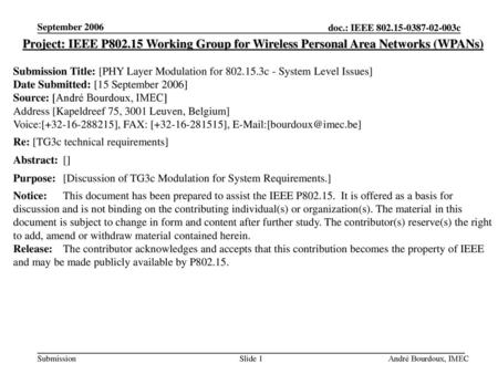 September 2006 Project: IEEE P802.15 Working Group for Wireless Personal Area Networks (WPANs) Submission Title: [PHY Layer Modulation for 802.15.3c -