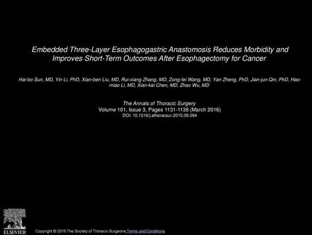 Embedded Three-Layer Esophagogastric Anastomosis Reduces Morbidity and Improves Short-Term Outcomes After Esophagectomy for Cancer  Hai-bo Sun, MD, Yin.