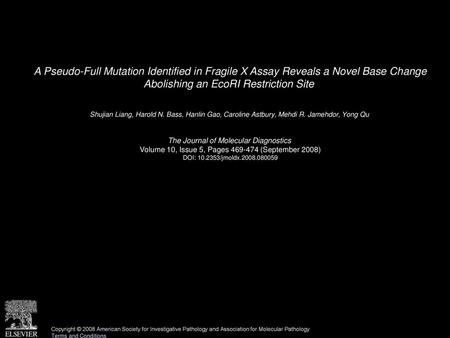 A Pseudo-Full Mutation Identified in Fragile X Assay Reveals a Novel Base Change Abolishing an EcoRI Restriction Site  Shujian Liang, Harold N. Bass,