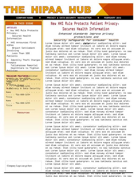 COMPANY NAME  PRIVACY & DATA SECURITY NEWSLETTER  FEBRUARY 2013