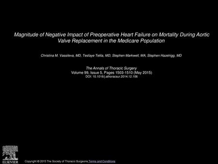 Magnitude of Negative Impact of Preoperative Heart Failure on Mortality During Aortic Valve Replacement in the Medicare Population  Christina M. Vassileva,