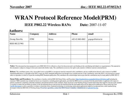 WRAN Protocol Reference Model(PRM)