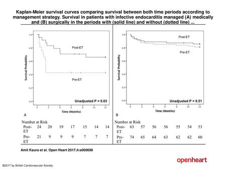 Kaplan-Meier survival curves comparing survival between both time periods according to management strategy. Survival in patients with infective endocarditis.