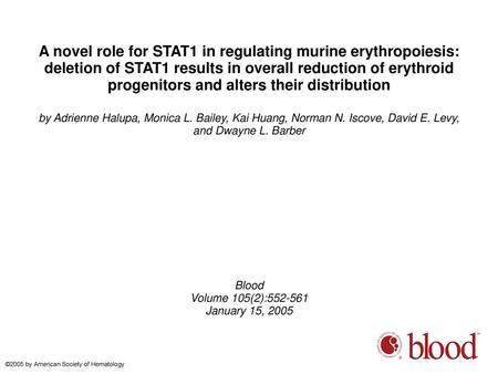 A novel role for STAT1 in regulating murine erythropoiesis: deletion of STAT1 results in overall reduction of erythroid progenitors and alters their distribution.