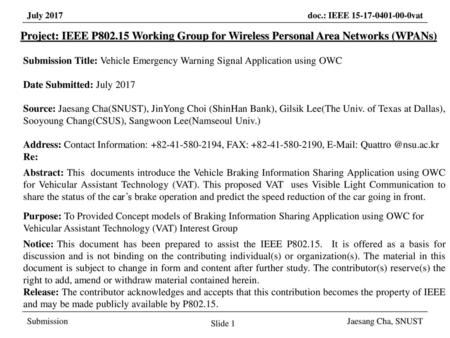 March 2017 Project: IEEE P802.15 Working Group for Wireless Personal Area Networks (WPANs) Submission Title: Vehicle Emergency Warning Signal Application.