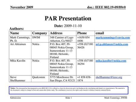 PAR Presentation Date: Authors: November 2009 October 2009