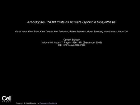 Arabidopsis KNOXI Proteins Activate Cytokinin Biosynthesis