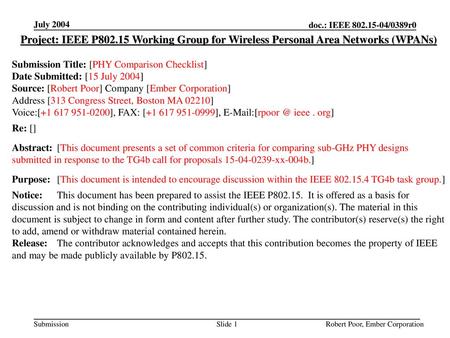 July 2004 Project: IEEE P802.15 Working Group for Wireless Personal Area Networks (WPANs) Submission Title: [PHY Comparison Checklist] Date Submitted: