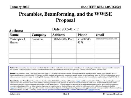 Preambles, Beamforming, and the WWiSE Proposal