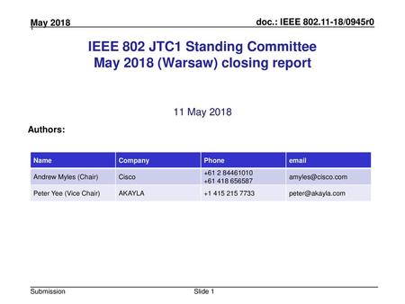IEEE 802 JTC1 Standing Committee May 2018 (Warsaw) closing report