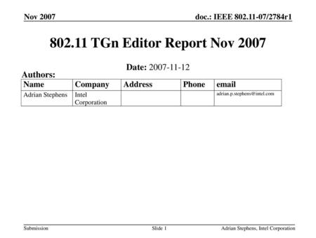 TGn Editor Report Nov 2007 Date: Authors: Nov 2007
