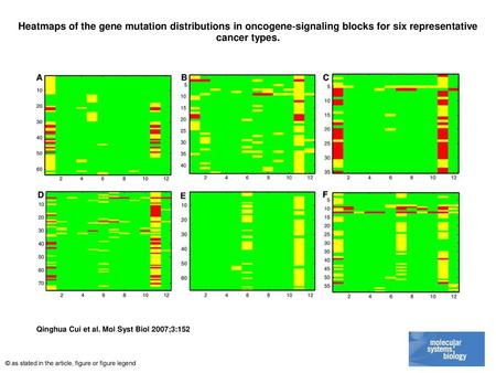 Heatmaps of the gene mutation distributions in oncogene‐signaling blocks for six representative cancer types. Heatmaps of the gene mutation distributions.