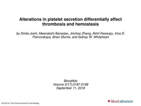 Alterations in platelet secretion differentially affect thrombosis and hemostasis by Smita Joshi, Meenakshi Banerjee, Jinchao Zhang, Akhil Kesaraju, Irina.