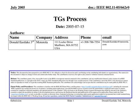 TGs Process Date: Authors: July 2005 July 2005