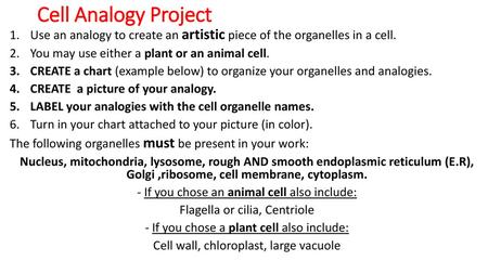 Cell Analogy Project Use an analogy to create an artistic piece of the organelles in a cell. You may use either a plant or an animal cell. CREATE a chart.