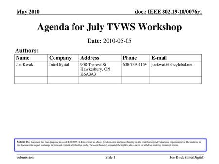 Agenda for July TVWS Workshop