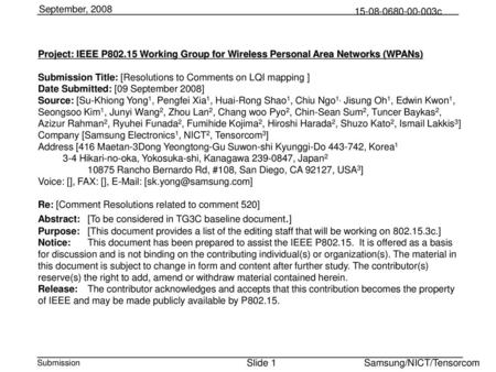 Doc.: IEEE 802.11-00/XXXr0 Sep 19, 2007 Project: IEEE P802.15 Working Group for Wireless Personal Area Networks (WPANs)‏ Submission Title: [Resolutions.