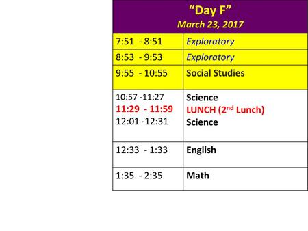 “Day F” March 23, :51 - 8:51 Exploratory 8:53 - 9:53