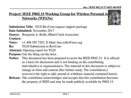 Jul 12, 2010 07/12/10 Project: IEEE P802.15 Working Group for Wireless Personal Area Networks (WPANs) Submission Title: TG3f RevCom request support package.