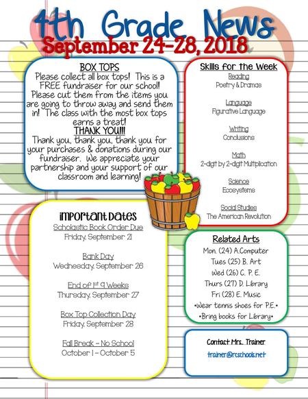 4th Grade News September 24-28, 2018 important Dates