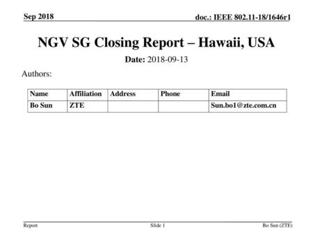 NGV SG Closing Report – Hawaii, USA