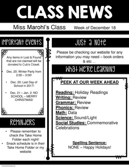 Miss Marohl’s Class Week of December 18