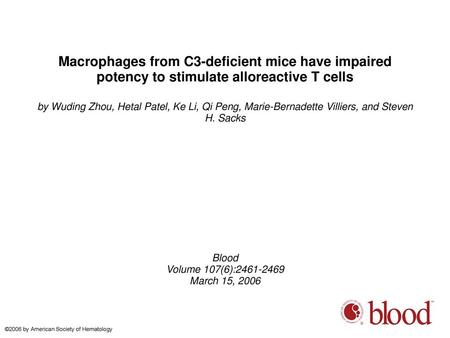 Macrophages from C3-deficient mice have impaired potency to stimulate alloreactive T cells by Wuding Zhou, Hetal Patel, Ke Li, Qi Peng, Marie-Bernadette.
