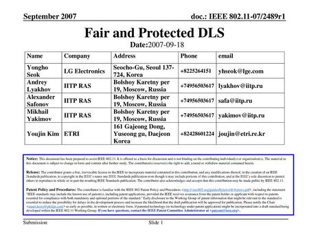 Fair and Protected DLS September 2007 Date: