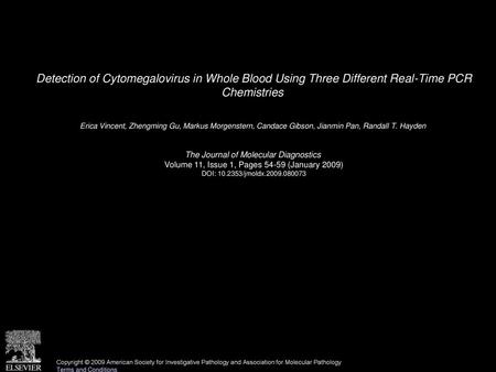 Detection of Cytomegalovirus in Whole Blood Using Three Different Real-Time PCR Chemistries  Erica Vincent, Zhengming Gu, Markus Morgenstern, Candace.