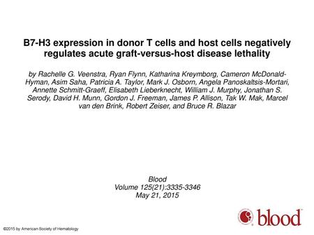 B7-H3 expression in donor T cells and host cells negatively regulates acute graft-versus-host disease lethality by Rachelle G. Veenstra, Ryan Flynn, Katharina.