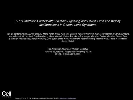 LRP4 Mutations Alter Wnt/β-Catenin Signaling and Cause Limb and Kidney Malformations in Cenani-Lenz Syndrome  Yun Li, Barbara Pawlik, Nursel Elcioglu,
