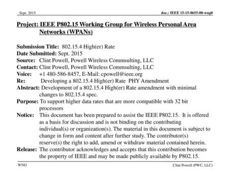 Jul 12, 2010 07/12/10 Project: IEEE P802.15 Working Group for Wireless Personal Area Networks (WPANs) Submission Title: 802.15.4 High(er) Rate Date Submitted: