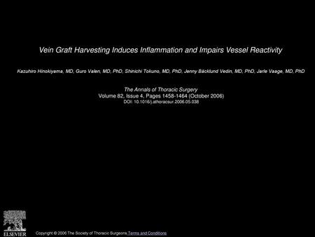 Vein Graft Harvesting Induces Inflammation and Impairs Vessel Reactivity  Kazuhiro Hinokiyama, MD, Guro Valen, MD, PhD, Shinichi Tokuno, MD, PhD, Jenny.