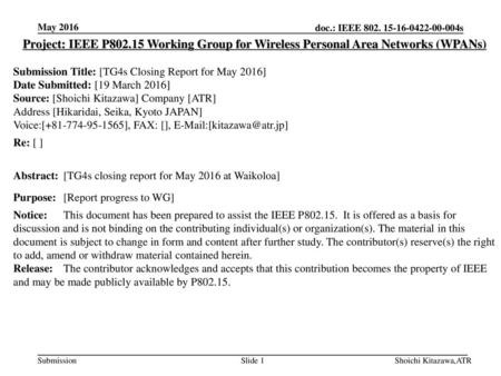 May 2016 Project: IEEE P802.15 Working Group for Wireless Personal Area Networks (WPANs) Submission Title: [TG4s Closing Report for May 2016] Date Submitted:
