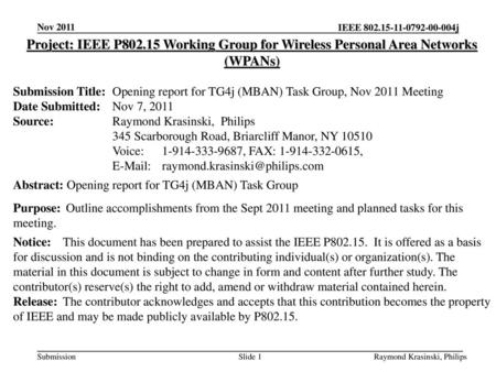 Nov 2011 Project: IEEE P802.15 Working Group for Wireless Personal Area Networks (WPANs) Submission Title:	Opening report for TG4j (MBAN) Task Group, Nov.