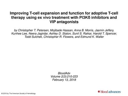 Improving T-cell expansion and function for adoptive T-cell therapy using ex vivo treatment with PI3Kδ inhibitors and VIP antagonists by Christopher T.