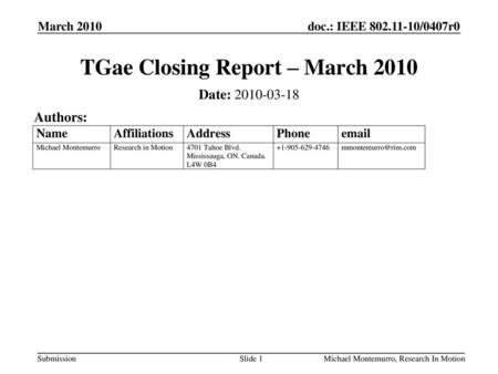 TGae Closing Report – March 2010