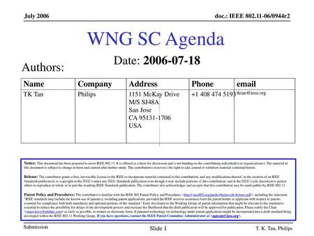 WNG SC Agenda Date: Authors: Name Company Address Phone