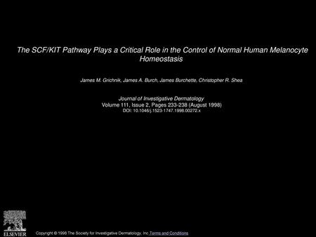 The SCF/KIT Pathway Plays a Critical Role in the Control of Normal Human Melanocyte Homeostasis  James M. Grichnik, James A. Burch, James Burchette, Christopher.