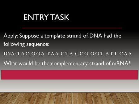 Entry Task Apply: Suppose a template strand of DNA had the following sequence: DNA: T A C G G A T A A C T A C C G G G T A T T C A A What would.