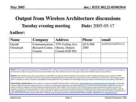 Output from Wireless Architecture discussions