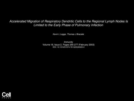 Accelerated Migration of Respiratory Dendritic Cells to the Regional Lymph Nodes Is Limited to the Early Phase of Pulmonary Infection  Kevin L Legge,