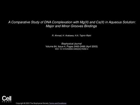 A Comparative Study of DNA Complexation with Mg(II) and Ca(II) in Aqueous Solution: Major and Minor Grooves Bindings  R. Ahmad, H. Arakawa, H.A. Tajmir-Riahi 